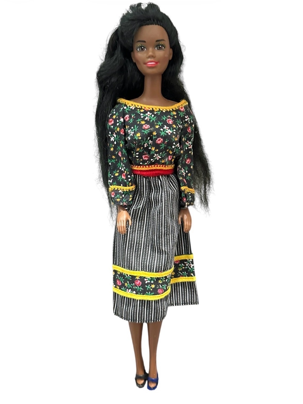 Vintage Mattel Black Floral Midi Skirt with Yellow Trim barbie